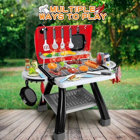 Kids Play Kitchen Toys, Kids BBQ Grill Kitchen Playset with Smoke, Sound & Light, Pretend Play Food Toys Cooking Set, 2-Layer Barbecue Outdoor Play Grill Toy Gift for Toddler Boys Girls 3-5 in Kuwait