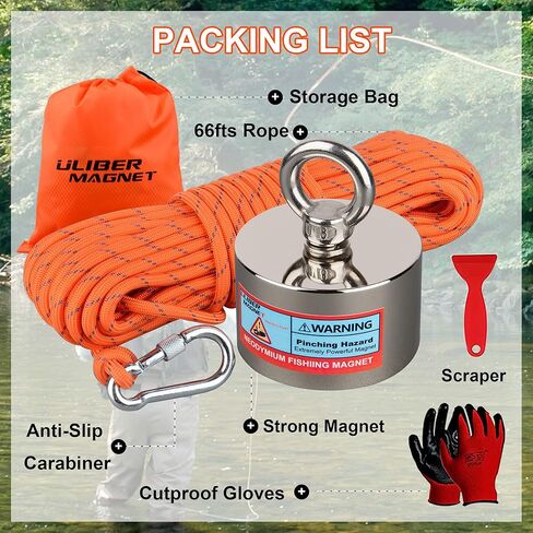 ULIBERMAGNET 2400LBS Fishing Magnet Kit,Double Sided Magnetic Fishing Kit with High Strength Rope,Heavy Duty Fishing Magnet for Retrieving in River, Lake, Beach, Lawn in Saudi Arabia