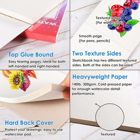 Watercolor Paper Pad 5.5"x8.5", 140 lb/300 GSM, 25 Sheets, Cold Press, Glue Watercolor Sketchbook for Painting, Drawing, Mixed Media, Art Paper for Adults Students Beginners Artists in Saudi Arabia