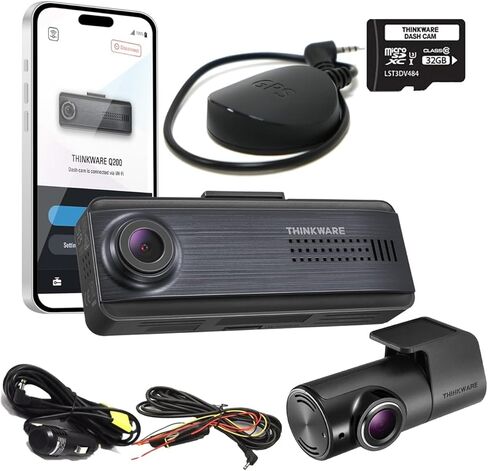 THINKWARE Q200 2CH Dash Cam 2K Front 1080P كاميرا لوحة القيادة الخلفية للسيارة، WiFi، WDR، تنبيهات الضوء الأحمر للسرعة، ADAS، 256 جيجابايت كحد أقصى، شاشة وقوف السيارات، رؤية ليلية (32 جيجابايت MicroSD، سيجار 12 فولت، كابل توصيل صلب، GPS) in Kuwait
