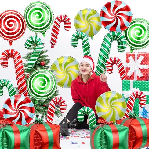 36Pcs Christmas Foil Balloons, Large Candy Cane Present Mylar Balloon Christmas Balloons Decorations for Winter Wonderland New Year Birthday Xmas Party Decorations in Saudi Arabia