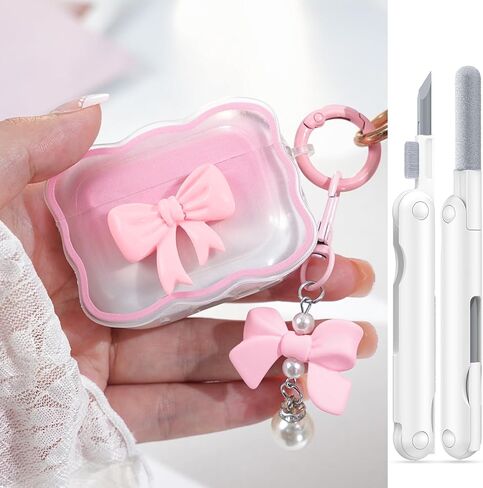 Airpods Pro 2nd Generation Case with Cute 3D Colour Bow Design Soft Clear TPU Cover with Cute Keychain, Airpods Pro Case Cleaning Pen Kit for Girls Woman - Pink in Kuwait