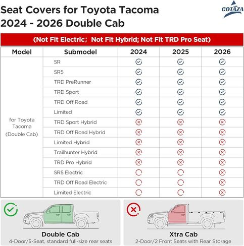 أغطية مقاعد لسيارة Toyota Tacoma 2024 2025 2026 Double Cab (غير مناسبة لمقعد Hybrid & Electric & TRD Pro) أغطية مقاعد شاحنة صغيرة مقاومة للماء من الجلد لملحقات Tacoma 4th Gen SR SR5 TRD Limited in Saudi Arabia