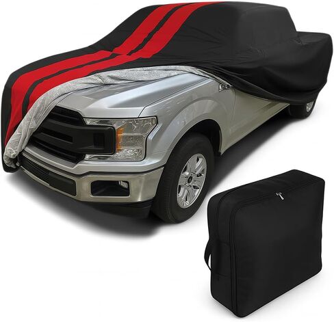 غطاء سيارة SR1 USA 2001-2026 F150 مخصص - Ultraguard Plus 1/2 طن شاحنة كاملة الحجم شديدة التحمل مقاومة للماء 300 دينيير مع بطانة قطنية لـ F-150، Lightning & Raptor (أسود مع خطوط حمراء) in Kuwait