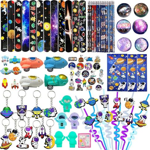 152PCS Space Party Favors Set, Outer Space Birthday Decorations Including Slap Bracelets, Keychains, Gift Bags, DIY Stickers, Drinking Straws, Alien Birthday Supplies in Kuwait