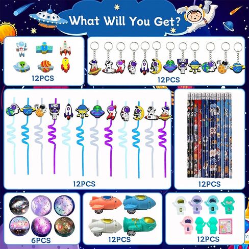 152PCS Space Party Favors Set, Outer Space Birthday Decorations Including Slap Bracelets, Keychains, Gift Bags, DIY Stickers, Drinking Straws, Alien Birthday Supplies in Kuwait