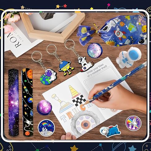 152PCS Space Party Favors Set, Outer Space Birthday Decorations Including Slap Bracelets, Keychains, Gift Bags, DIY Stickers, Drinking Straws, Alien Birthday Supplies in Kuwait