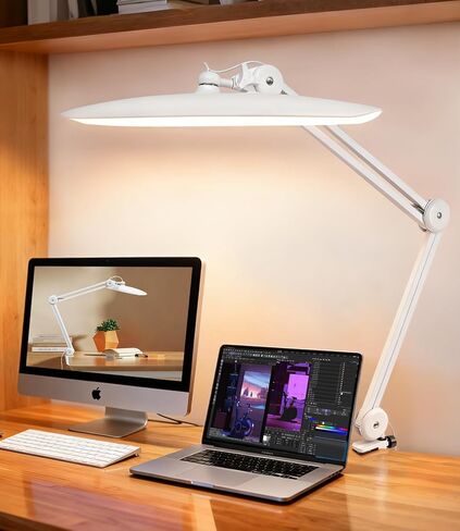 Led Desk Lamp with Clamp, Eye Caring Architect Desk Light for Home Office, Dual Screen Computer Monitor Gooseneck Adjustable Arm 20" LED Lamp, Stepless Dimming, for Reading, Study, Workbench in Saudi Arabia
