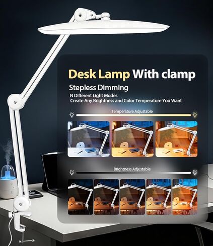 Led Desk Lamp with Clamp, Eye Caring Architect Desk Light for Home Office, Dual Screen Computer Monitor Gooseneck Adjustable Arm 20" LED Lamp, Stepless Dimming, for Reading, Study, Workbench in Saudi Arabia