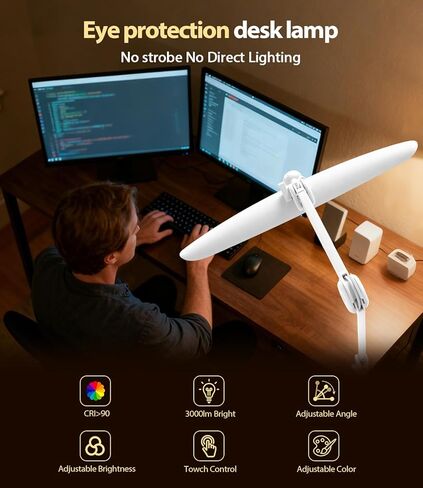 Led Desk Lamp with Clamp, Eye Caring Architect Desk Light for Home Office, Dual Screen Computer Monitor Gooseneck Adjustable Arm 20" LED Lamp, Stepless Dimming, for Reading, Study, Workbench in Saudi Arabia
