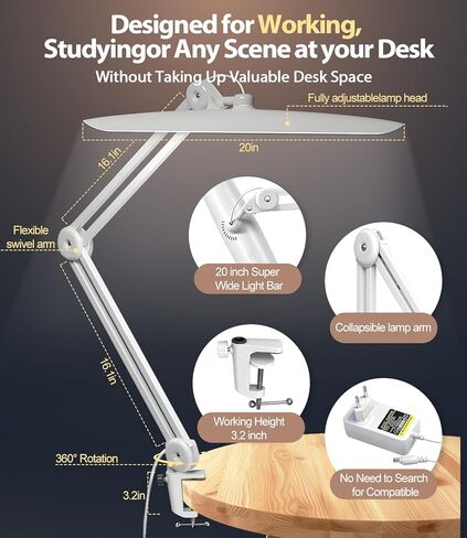 Led Desk Lamp with Clamp, Eye Caring Architect Desk Light for Home Office, Dual Screen Computer Monitor Gooseneck Adjustable Arm 20" LED Lamp, Stepless Dimming, for Reading, Study, Workbench in Saudi Arabia