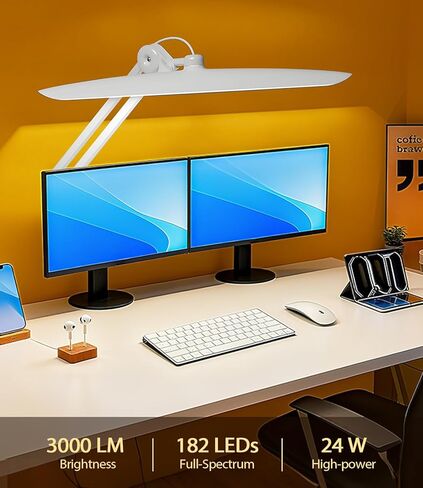 Led Desk Lamp with Clamp, Eye Caring Architect Desk Light for Home Office, Dual Screen Computer Monitor Gooseneck Adjustable Arm 20" LED Lamp, Stepless Dimming, for Reading, Study, Workbench in Saudi Arabia