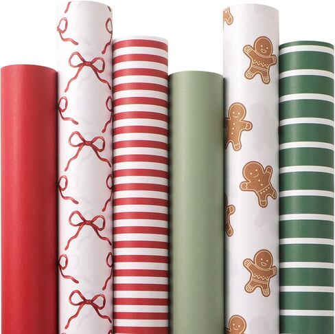 Ribbli Kraft Wrapping Paper with Snowflake/Tree/Stripe Patterns - 6 Rolls Red and Green Christmas Assortment, 30 x 120 Inches Per Roll in Saudi Arabia