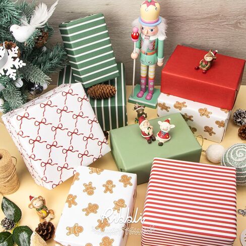 Ribbli Kraft Wrapping Paper with Snowflake/Tree/Stripe Patterns - 6 Rolls Red and Green Christmas Assortment, 30 x 120 Inches Per Roll in Saudi Arabia