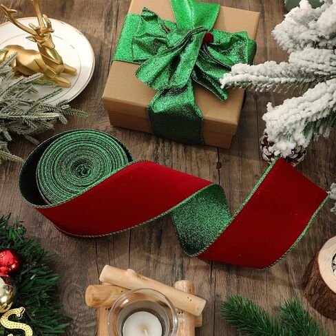 عيد الميلاد المخملية السلكية حافة الشريط 2.5 بوصة 20 ياردة أحمر بريق أخضر مزدوج الوجهين التفاف الشريط لعيد الميلاد DIY الحرف إكليل القوس صنع in Kuwait