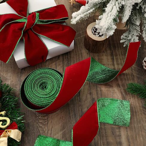 عيد الميلاد المخملية السلكية حافة الشريط 2.5 بوصة 20 ياردة أحمر بريق أخضر مزدوج الوجهين التفاف الشريط لعيد الميلاد DIY الحرف إكليل القوس صنع in Kuwait