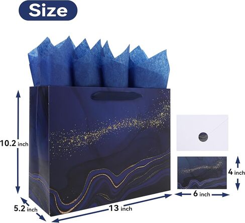 13'' Large Blue Marble Gift Bag Set with Handles, Greeting Card, Tissue Papers and Stickers for Men Boys Kids for Birthdays, Fathers Day, Graduations, Christmas, Baby Showers, Marble Design, 1 Pcs in Saudi Arabia