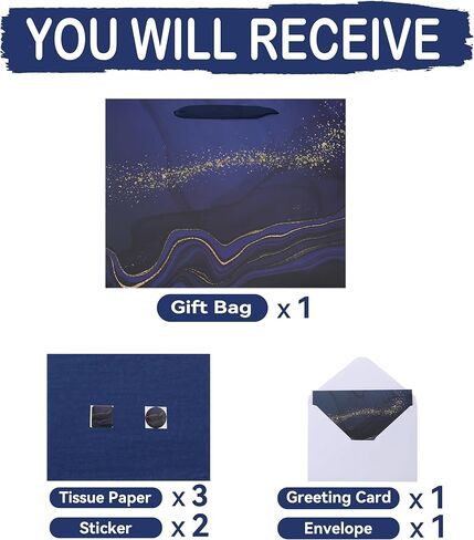13'' Large Blue Marble Gift Bag Set with Handles, Greeting Card, Tissue Papers and Stickers for Men Boys Kids for Birthdays, Fathers Day, Graduations, Christmas, Baby Showers, Marble Design, 1 Pcs in Saudi Arabia