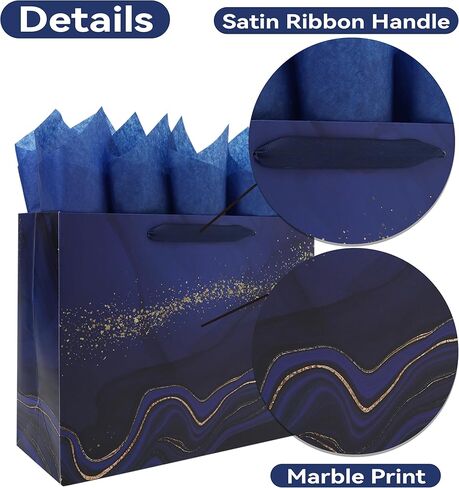 13'' Large Blue Marble Gift Bag Set with Handles, Greeting Card, Tissue Papers and Stickers for Men Boys Kids for Birthdays, Fathers Day, Graduations, Christmas, Baby Showers, Marble Design, 1 Pcs in Saudi Arabia