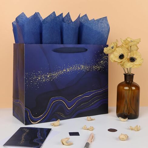 13'' Large Blue Marble Gift Bag Set with Handles, Greeting Card, Tissue Papers and Stickers for Men Boys Kids for Birthdays, Fathers Day, Graduations, Christmas, Baby Showers, Marble Design, 1 Pcs in Saudi Arabia