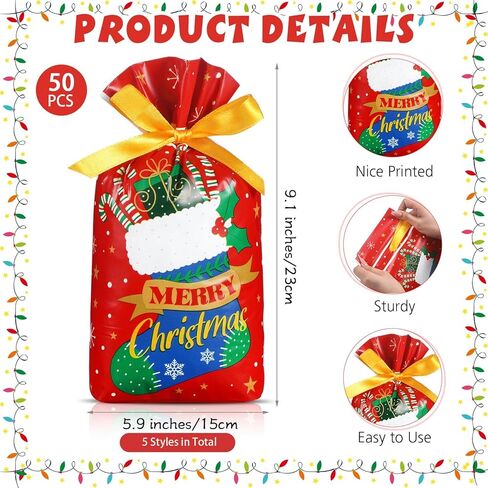 Funrous 50 Pcs Christmas Drawstring Bags Xmas Plastic Drawstring Gift Bags Christmas Candy Bags for Birthday Party Snack Packaging Wedding Gifts Wrapping Party Favors Merry Christmas in Saudi Arabia