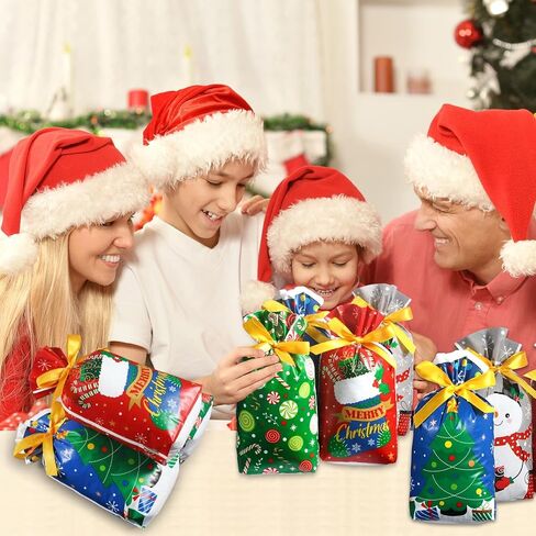 Funrous 50 Pcs Christmas Drawstring Bags Xmas Plastic Drawstring Gift Bags Christmas Candy Bags for Birthday Party Snack Packaging Wedding Gifts Wrapping Party Favors Merry Christmas in Saudi Arabia