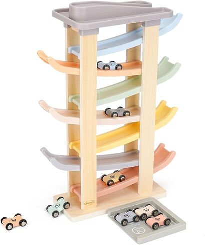 Wooden Car Ramp Toy for 1-2 Year Old Boy Girl Gifts - 4 Level Toddler Car Ramp Race Track Set with 4 Mini Cars & Garage - Montessori Baby Toys for 1 Year Old Christmas Birthday Gifts in Saudi Arabia