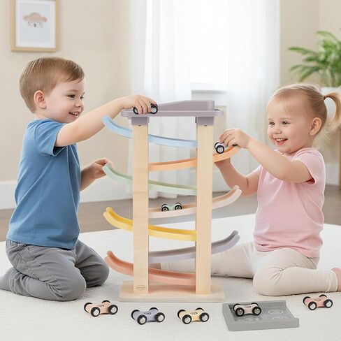 Wooden Car Ramp Toy for 1-2 Year Old Boy Girl Gifts - 4 Level Toddler Car Ramp Race Track Set with 4 Mini Cars & Garage - Montessori Baby Toys for 1 Year Old Christmas Birthday Gifts in Saudi Arabia