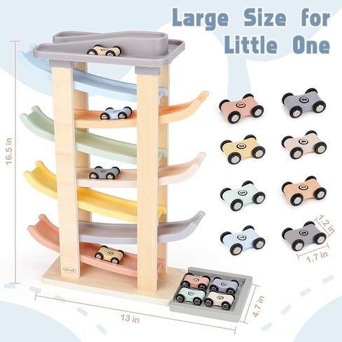 Wooden Car Ramp Toy for 1-2 Year Old Boy Girl Gifts - 4 Level Toddler Car Ramp Race Track Set with 4 Mini Cars & Garage - Montessori Baby Toys for 1 Year Old Christmas Birthday Gifts in Saudi Arabia