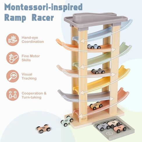 Wooden Car Ramp Toy for 1-2 Year Old Boy Girl Gifts - 4 Level Toddler Car Ramp Race Track Set with 4 Mini Cars & Garage - Montessori Baby Toys for 1 Year Old Christmas Birthday Gifts in Saudi Arabia