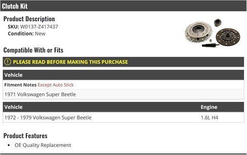 Clutch Kit - Compatible with 1971-1979 Volkswagen Super Beetle 1.6L H4 in Saudi Arabia