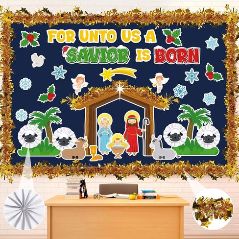 Funrous 3D عيد الميلاد المهد لوحة الإعلانات الفصول الدراسية مجموعة عيد الميلاد المسيحي يسوع ميلاد سينس ورقة المشجعين الدين القواطع الأصفر أكاليل لعطلة الشتاء الأحد مدرسة الكنيسة ديكور in Saudi Arabia