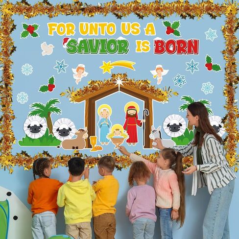 Funrous 3D عيد الميلاد المهد لوحة الإعلانات الفصول الدراسية مجموعة عيد الميلاد المسيحي يسوع ميلاد سينس ورقة المشجعين الدين القواطع الأصفر أكاليل لعطلة الشتاء الأحد مدرسة الكنيسة ديكور in Saudi Arabia
