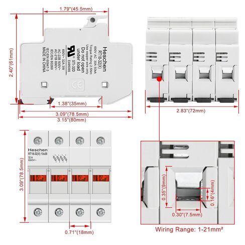 Cylindrical Fuse Holder Base RT18-32(X) 32A AC690V 4 Pole DIN Rail Mounting for RT18 RO15 10 x 38mm Fuse CE UL Listed in Saudi Arabia