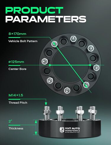 YHTAUTO 8x170mm Wheel Spacers 2 Inch Compatible with 2003-2023 Ford F-250/F-350 Super Duty, Excursion Tire Spacers w/ M14x1.5 & 12.9 Grade Studs, 50.8mm Hub Bore 8 Lug 4PCS Black Wheel Adapter in Saudi Arabia