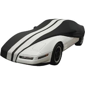SR1 USA C8 Corvette Custom Fit Car Cover - Indoor Ultraguard Stretch Satin High End Dust Proof for 2020-2026 Stingray, Z06, Z51, E-Ray (Black with Gray Stripes) in Kuwait