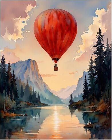 EnLvYY Hot Air Balloon Paint by Numbers for Adults, 16x20in, DIY Acrylic Painting Kit on Canvas, Sunset Mountain Lake Landscape with Trees, No Frame Beginner Art Gift for Friends and Family in Saudi Arabia