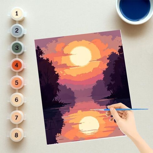 EnLvYY منطاد الهواء الساخن بالأرقام للبالغين، 16 × 20 بوصة، مجموعة طلاء أكريليك DIY على القماش، منظر طبيعي لبحيرة جبل الغروب مع الأشجار، بدون إطار هدية فنية للمبتدئين للأصدقاء والعائلة in Kuwait
