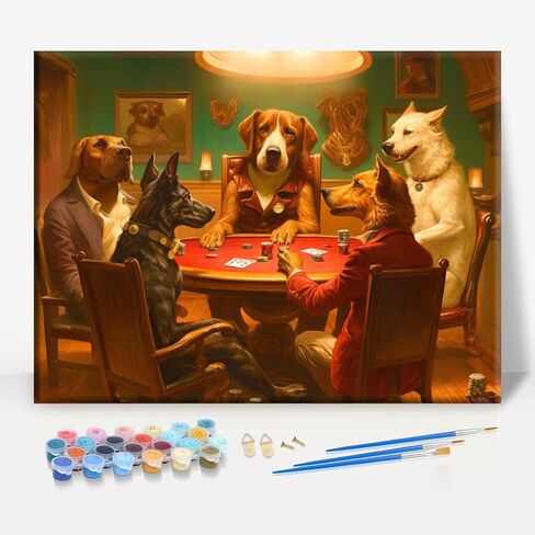 Aeontinity Dogs Playing Poker Animal Framed Canvas DIY Paint by Numbers Kit Bar Cafe Cave Home Room Wall Bathroom Porch Patio Decor Gift, 16 x 12 Inch in Saudi Arabia