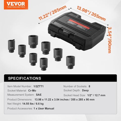 مجموعة مقابس صامولة المحور VEVOR - 1/2 بوصة محرك عميق 6 نقاط 8 قطع SAE مقبس صامولة مغزل CR-MO مجموعة مقابس كبيرة معالجة بالحرارة مع حقيبة تخزين لإصلاح السيارات أو إزالة أو تثبيت صواميل المحور in Saudi Arabia