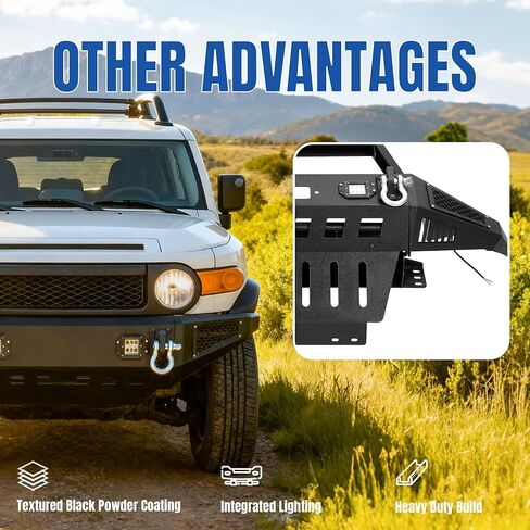 مجموعة المصد الأمامي KUAFU متوافقة مع 2007-2014 Toyota FJ Cruiser مع حلقات على شكل حرف D، وأضواء، ولوحة الونش وشريط الثور الفولاذي المطلي بمسحوق أسود in Saudi Arabia