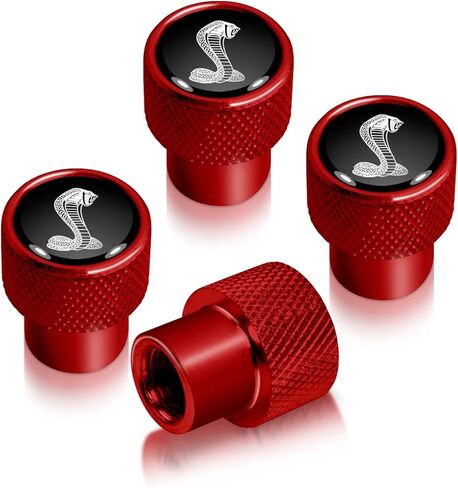iPick Image for Ford Mustang Cobra Logo in Black on Red Easy-Grip Aluminum Tire Valve Stem Caps - Official Licensed in Saudi Arabia