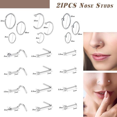21 Pcs Hoop Nose Rings Surgical Steel Nose Rings for Women 20G Nose Piercing Jewelry Silver Gold Black Nose Piercings Corkscrew Nose Studs L Shaped Nose Rings Nose Rings Hoops 6mm 8mm 10mm 12mm in Kuwait