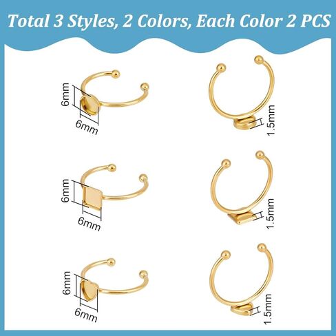 UNICRAFTALE 12Pcs 3 Styles 304 Stainless Steel Blank Dome Finger Rings 2 Colors Round Flat Pad Ring Components Open Cuff Bezel Trays Fit Ring for Jewelry Making Tray 6mm in Saudi Arabia