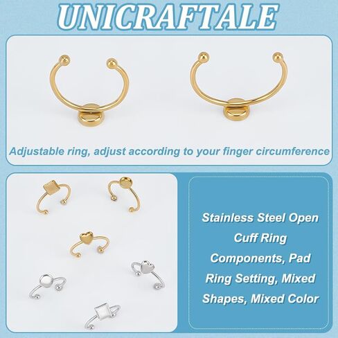 UNICRAFTALE 12Pcs 3 Styles 304 Stainless Steel Blank Dome Finger Rings 2 Colors Round Flat Pad Ring Components Open Cuff Bezel Trays Fit Ring for Jewelry Making Tray 6mm in Saudi Arabia