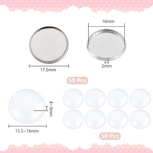 UNICRAFTALE 50 Sets 16mm Blank Dome Flat Round DIY Cabochon Making Kits 304 Stainless Steel Plain Edge Bezel Cups and Clear Glass Cabochon for Necklaces Jewelry Making in Saudi Arabia