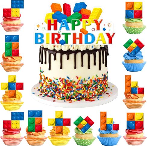 25 Pcs Building Blocks Cake Toppers Set, 24 Pcs Block Birthday Party Cupcake Toppers 1 Pcs Cake Topper Cake Decorations for Building Block Building Party Decoration in Saudi Arabia