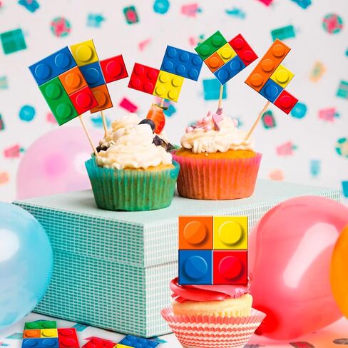 25 Pcs Building Blocks Cake Toppers Set, 24 Pcs Block Birthday Party Cupcake Toppers 1 Pcs Cake Topper Cake Decorations for Building Block Building Party Decoration in Saudi Arabia