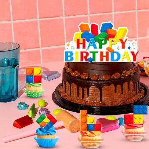 25 Pcs Building Blocks Cake Toppers Set, 24 Pcs Block Birthday Party Cupcake Toppers 1 Pcs Cake Topper Cake Decorations for Building Block Building Party Decoration in Saudi Arabia