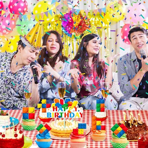 25 Pcs Building Blocks Cake Toppers Set, 24 Pcs Block Birthday Party Cupcake Toppers 1 Pcs Cake Topper Cake Decorations for Building Block Building Party Decoration in Saudi Arabia